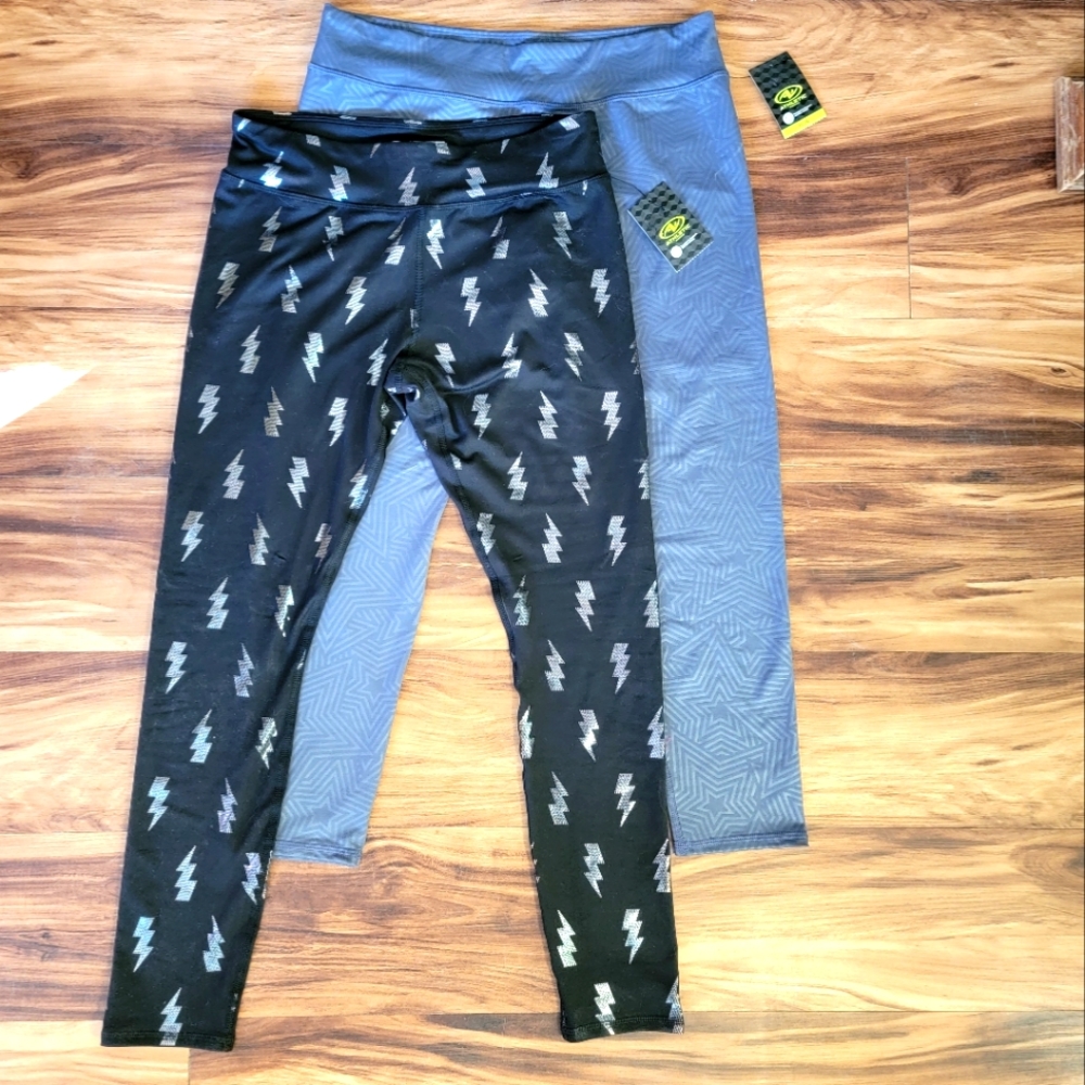 Athletic Works set of 2 Black Lightning and Gray Star Print Leggings Girls 14-16